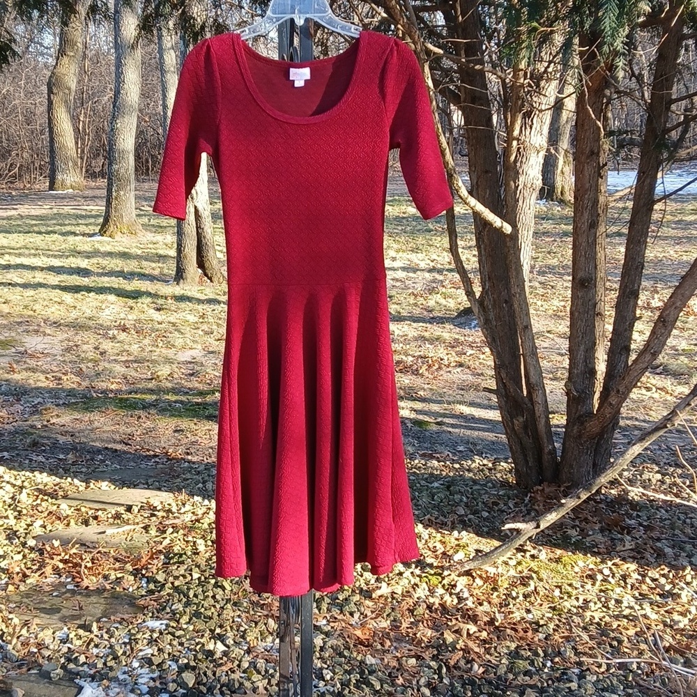 LulaRoe Textured Deep Solid Red Fit Flare Nicole Dress Sz S